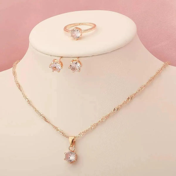 Elegant Gold-Plated Crystal Jewelry Set for Women (Necklace, Earrings & Ring)