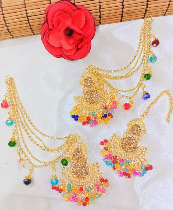 Silver-Plated Pearl & Stone-Studded Jhumka Earring with Maang Tikka Set